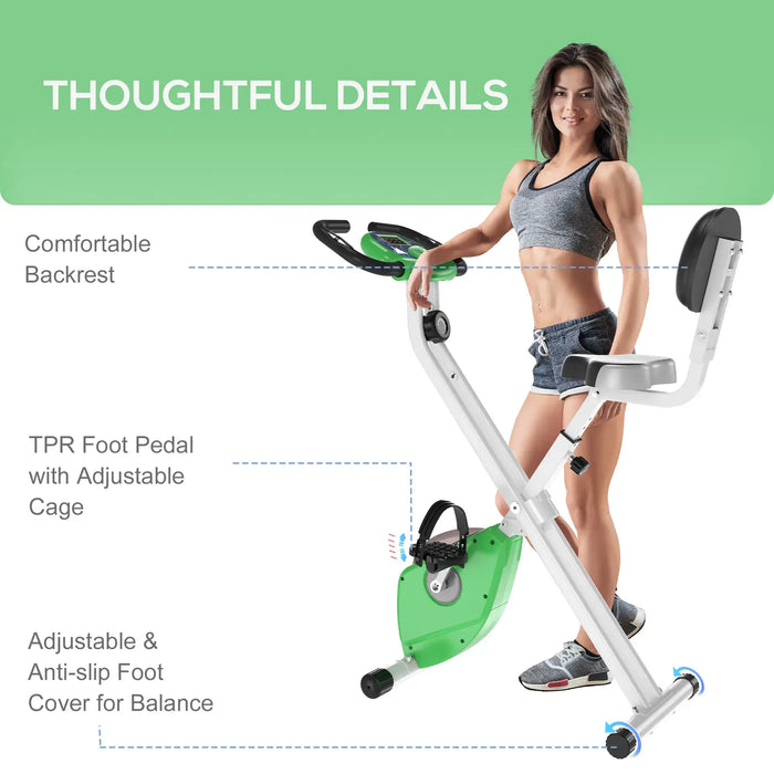 Woman using a green exercise bike with text highlighting features on a green background