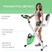 Woman using a green exercise bike with text highlighting features on a green background