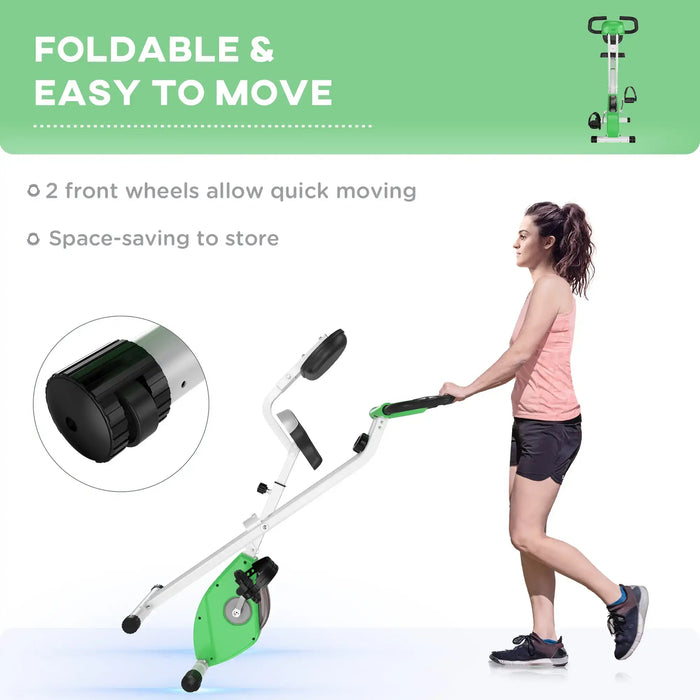 Woman using a foldable exercise bike with text highlighting its features on a green and white background.