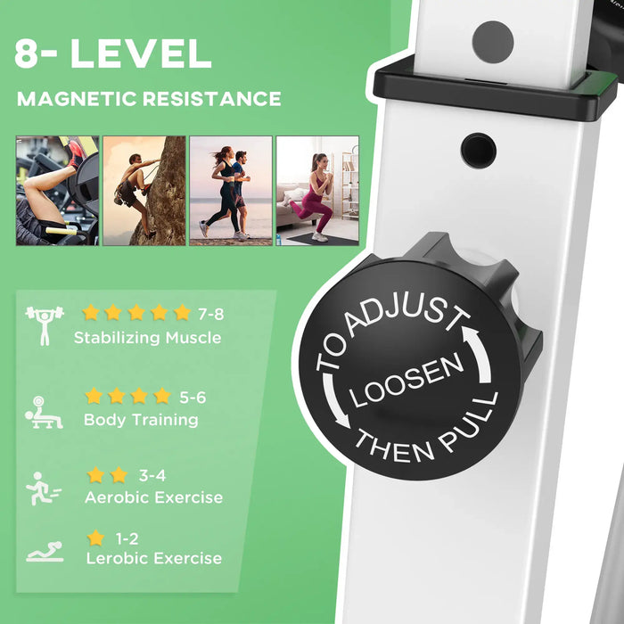 Fitness equipment with magnetic resistance display and user instructions on a green background