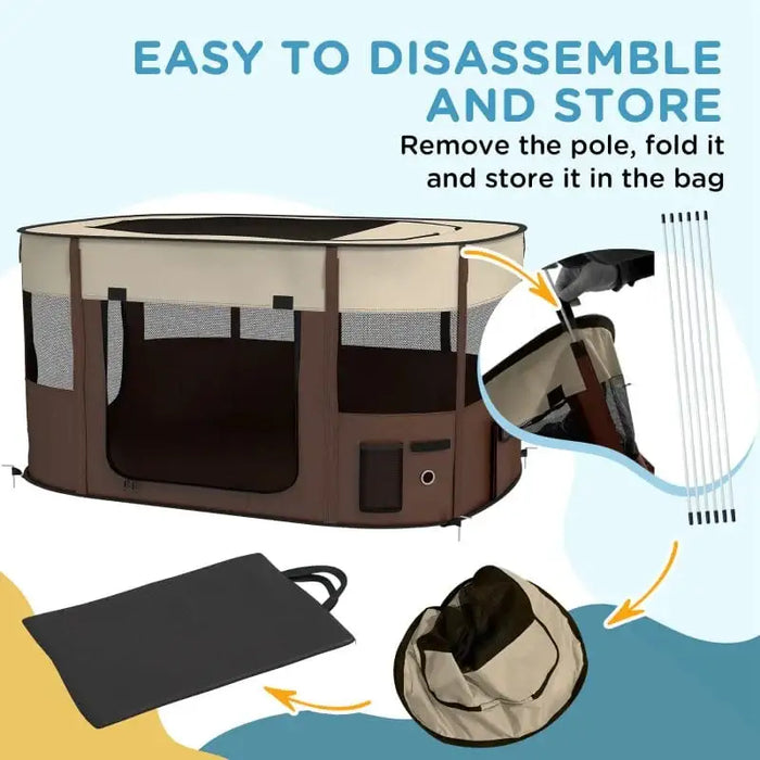 Foldable pet playpen with mesh windows, storage pocket, and disassembly steps displayed.