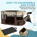 Foldable pet playpen with mesh windows, storage pocket, and disassembly steps displayed.