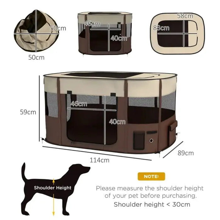Foldable pet playpen with mesh windows, brown and beige, size guide and dimensions shown.