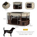 Foldable pet playpen with mesh windows, brown and beige, size guide and dimensions shown.
