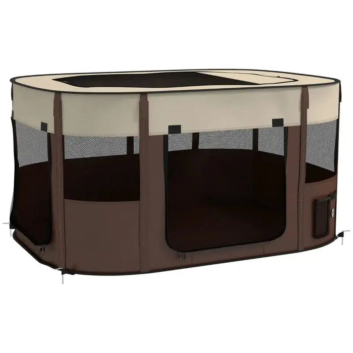 Foldable brown pet playpen with mesh windows and zippered doors for indoor outdoor use