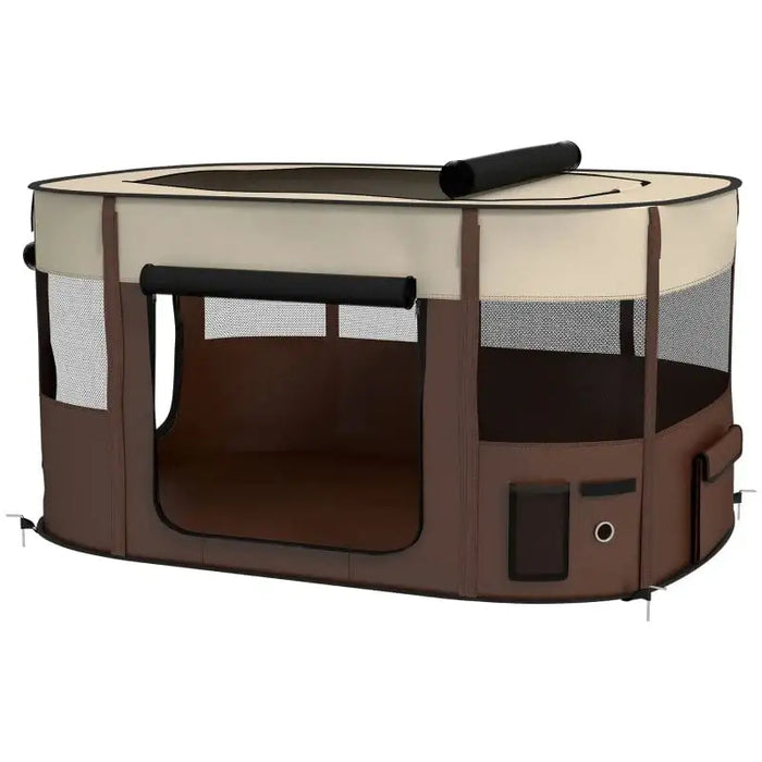 Foldable pet playpen with mesh windows, brown and beige, suitable for indoor or outdoor use