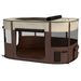 Foldable pet playpen with mesh windows, brown and beige, suitable for indoor or outdoor use