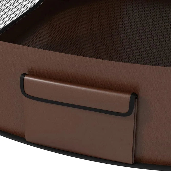 Brown foldable pet playpen with mesh window and exterior pocket detail