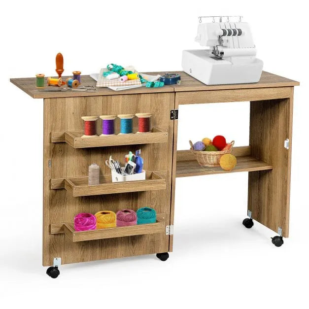 Foldable Sewing Table – Natural | Rolling Sewing Machine Cabinet - Storage Bins and Shelf COSTWAY - Little and Giant Explorers Costway