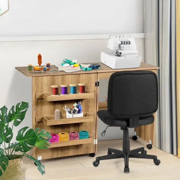 Foldable Sewing Table – Natural | Rolling Sewing Machine Cabinet - Storage Bins and Shelf COSTWAY - Little and Giant Explorers Costway