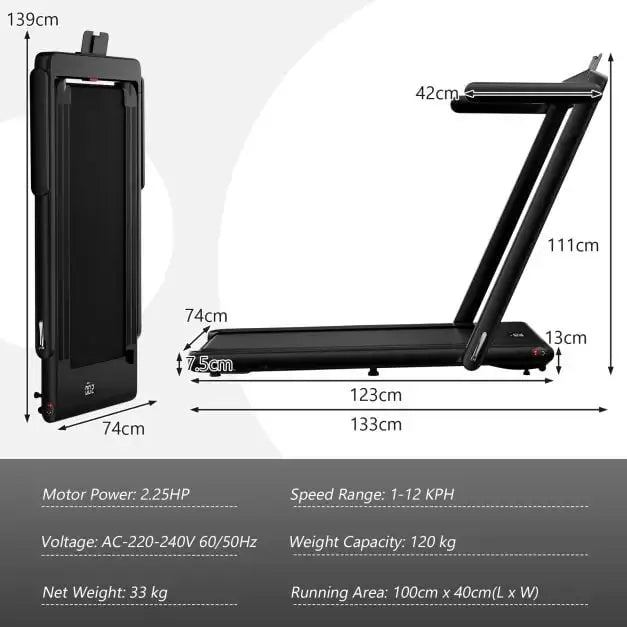 Foldable Treadmill - Black | 2.25HP Under Desk Walking Pad - LED Display COSTWAY - Little and Giant Explorers Costway