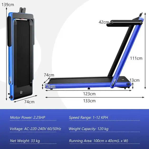 Foldable Treadmill - Navy | 2.25HP Under Desk Walking Pad - LED Display COSTWAY - Little and Giant Explorers Costway