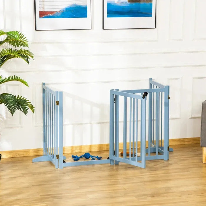 Foldable Wooden Pet Gate with 4 Panels in Blue - Little and Giant Explorers PawHut