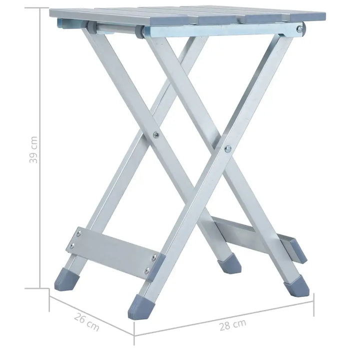 Folding aluminium camp stool in silver, lightweight, with size measurements shown.