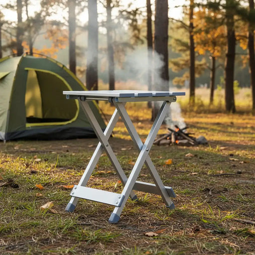 Lightweight folding aluminum camp stool in forest campsite with tent and campfire