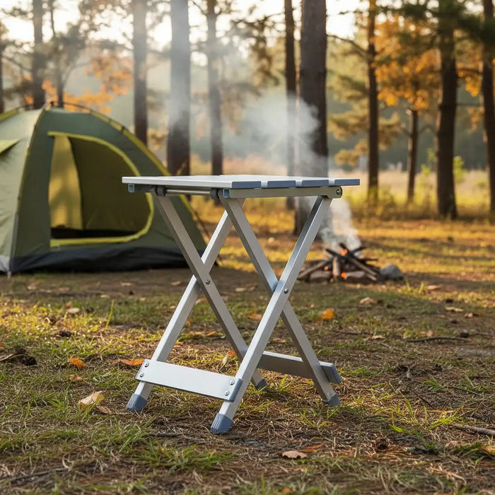 Lightweight folding aluminum camp stool in forest campsite with tent and campfire