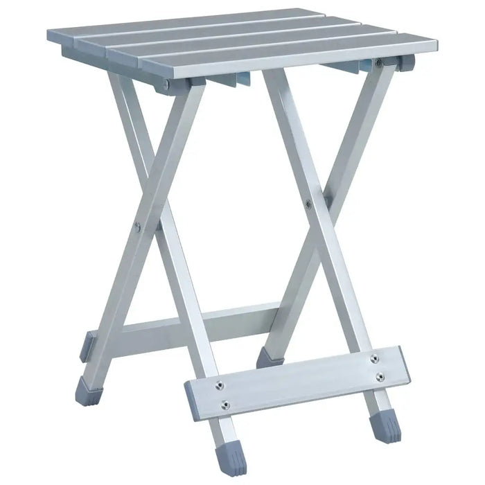 Lightweight silver aluminum folding camp stool with slatted seat and gray end caps