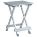 Lightweight silver aluminum folding camp stool with slatted seat and gray end caps