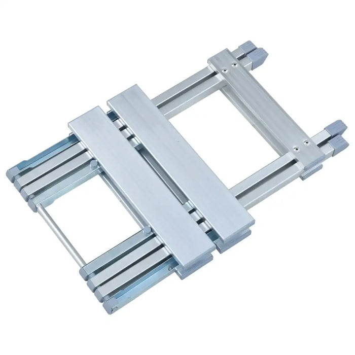 Folded lightweight aluminium camp stool with silver finish on white background