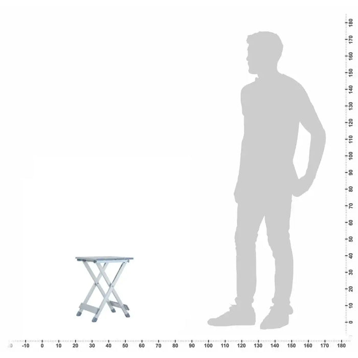 Folding aluminium camp stool, lightweight silver footrest, shown next to height scale and human silhouette.