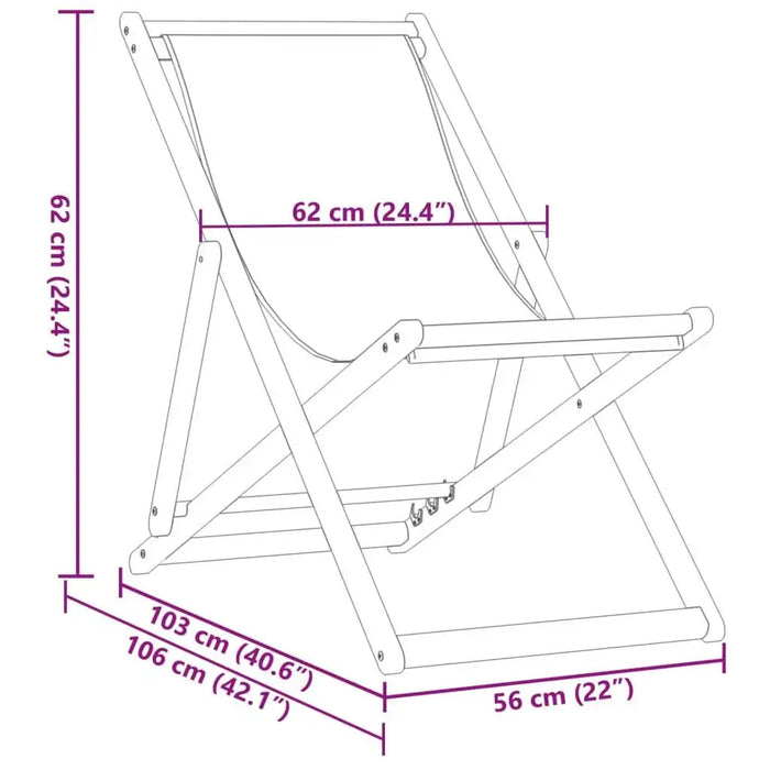 Folding beach chair size diagram with 62 cm height, 56 cm width, solid wood frame.