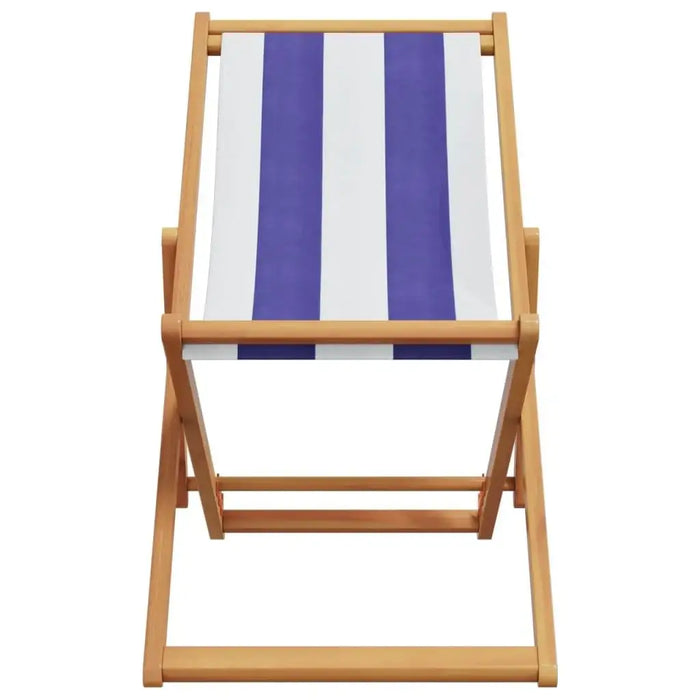 Blue and white striped folding beach chair with solid wood eucalyptus frame