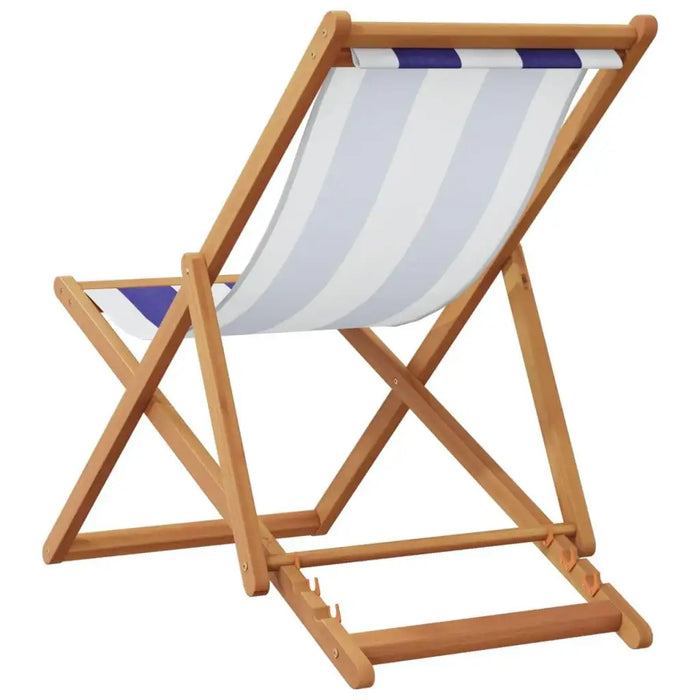 Blue and white striped folding beach chair with solid wood eucalyptus frame