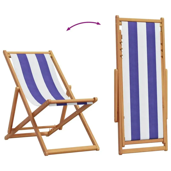 Folding beach chair with blue and white stripes and solid wood eucalyptus frame