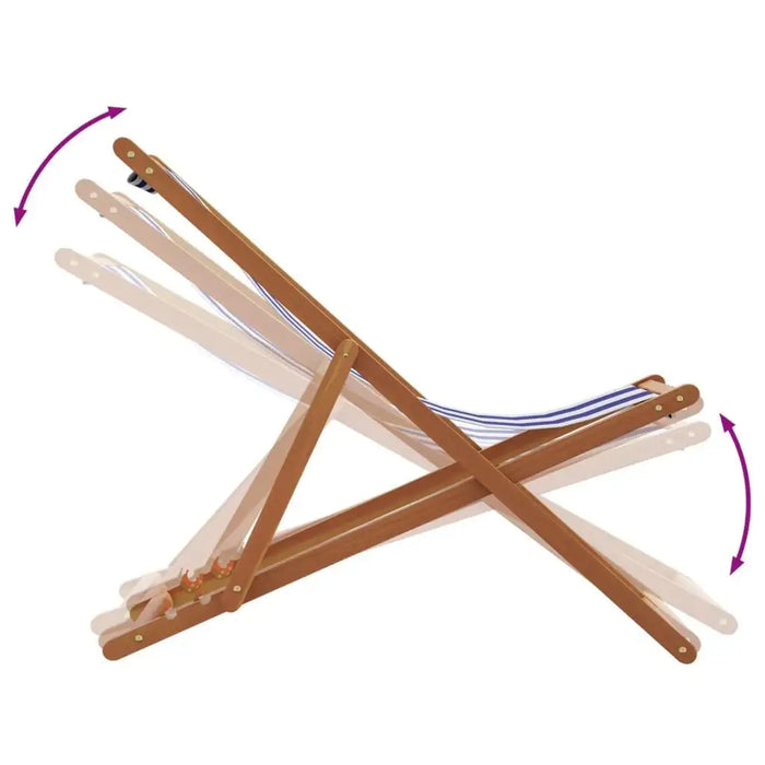 Folding beach chair with blue and white stripes and solid eucalyptus wood frame on white background.