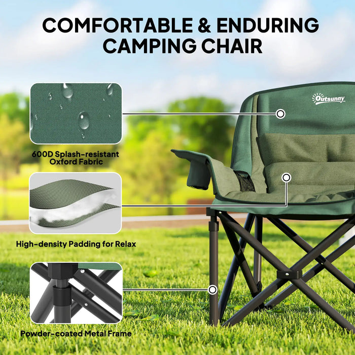 Folding Camping Chair – Olive Green | Padded Outdoor Seat - Armrests and Cup Holders OUTSUNNY - Little and Giant Explorers Outsunny