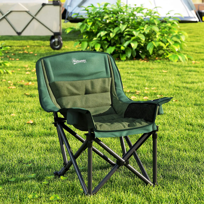 Folding Camping Chair – Olive Green | Padded Outdoor Seat - Armrests and Cup Holders OUTSUNNY - Little and Giant Explorers Outsunny
