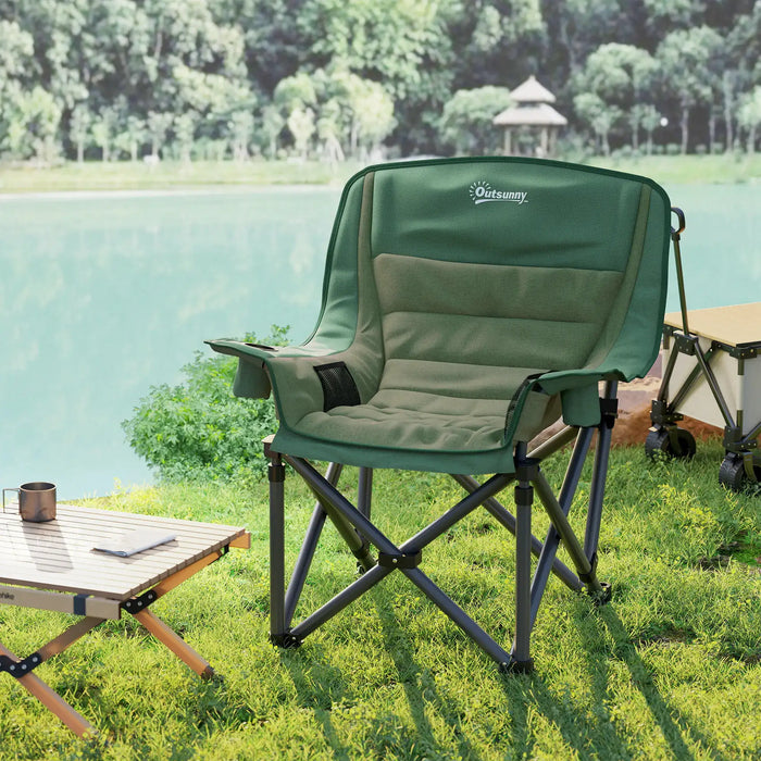 Folding Camping Chair – Olive Green | Padded Outdoor Seat - Armrests and Cup Holders OUTSUNNY - Little and Giant Explorers Outsunny