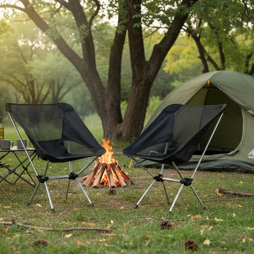Set of two lightweight folding camping chairs near a campfire, tent and trees outdoors