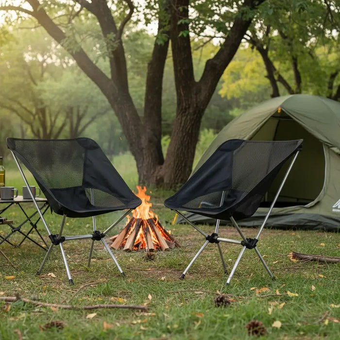 Set of two lightweight folding camping chairs near a campfire, tent and trees outdoors