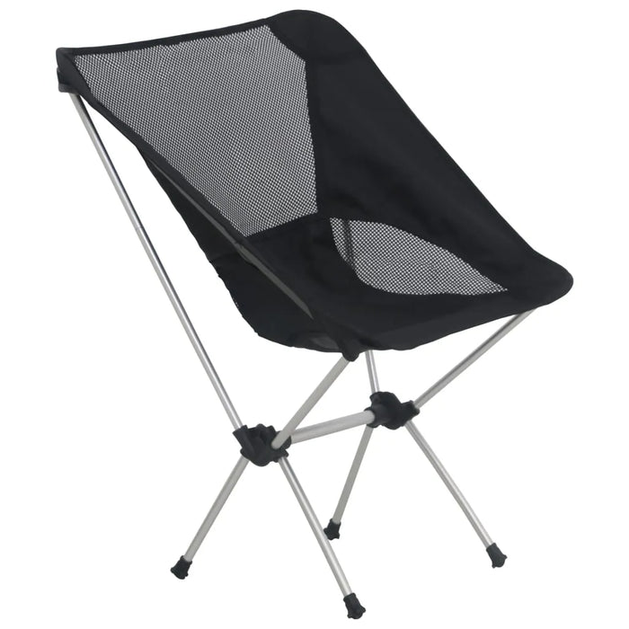 Lightweight folding camping chair with black mesh seat and silver aluminum frame