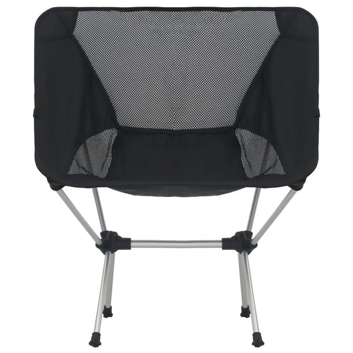 Lightweight black folding camping chair with mesh back and aluminium frame