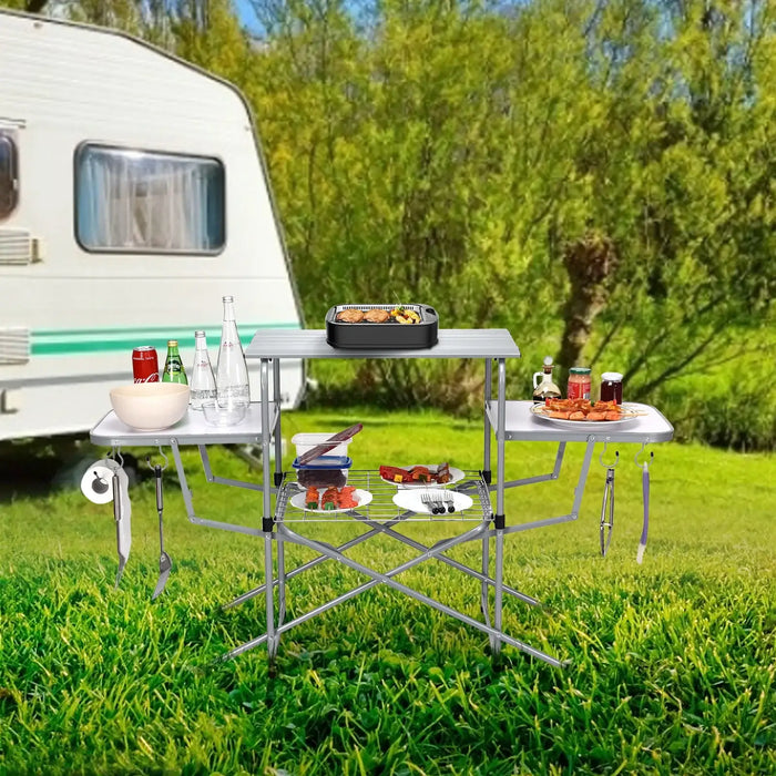 Folding Camping Grilling Table | Portable Outdoor BBQ Cooking Station with 3 Tabletops COSTWAY - Little and Giant Explorers Costway