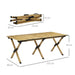 Folding camping table with natural wood effect, steel legs, dimensions shown in centimeters.