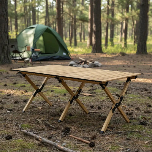 Folding camping table with natural wood effect set in a forest campsite near a green tent.