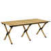 Folding camping table with natural wood effect and steel legs on white background