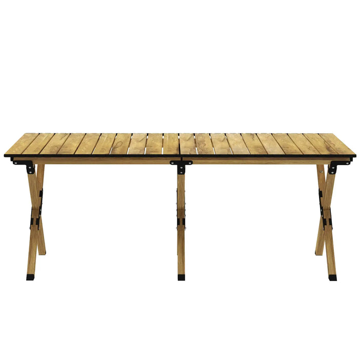 Folding camping table with natural wood effect and steel legs on white background
