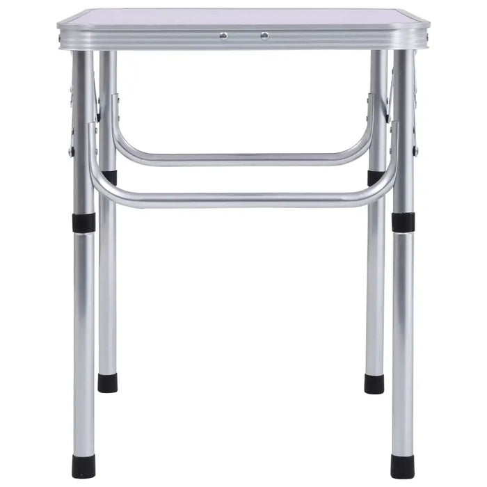 Lightweight aluminum folding camping table with white tabletop and portable design