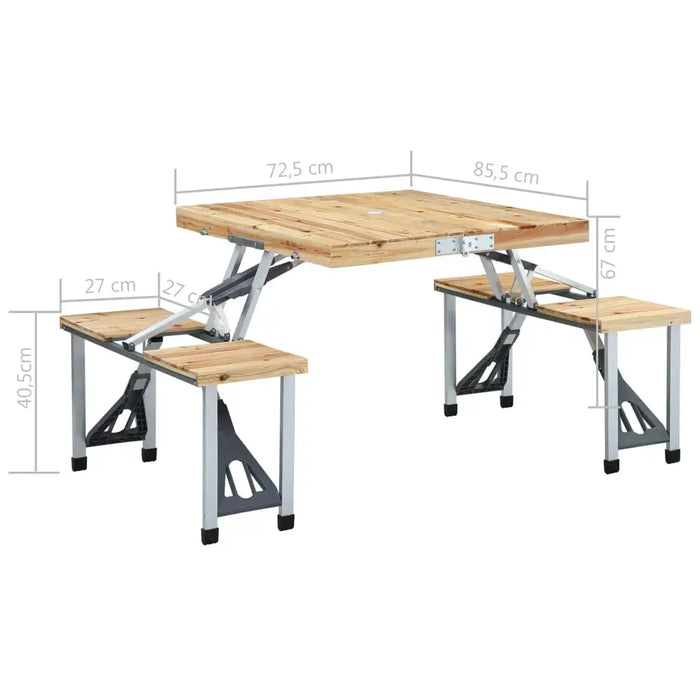 Folding camping table set with four built-in seats, wood top, and size measurements visible