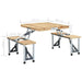 Folding camping table set with four built-in seats, wood top, and size measurements visible
