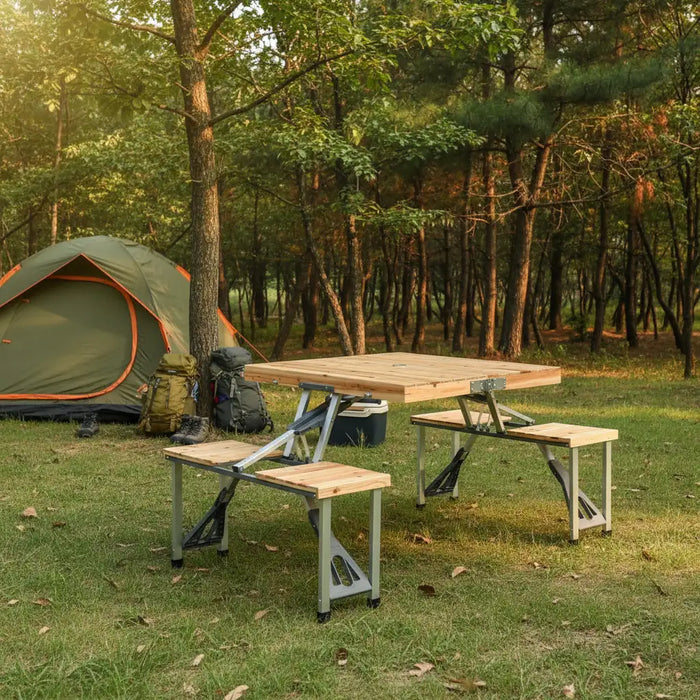 Folding camping table with built-in seats set up near a tent in a forest campsite.