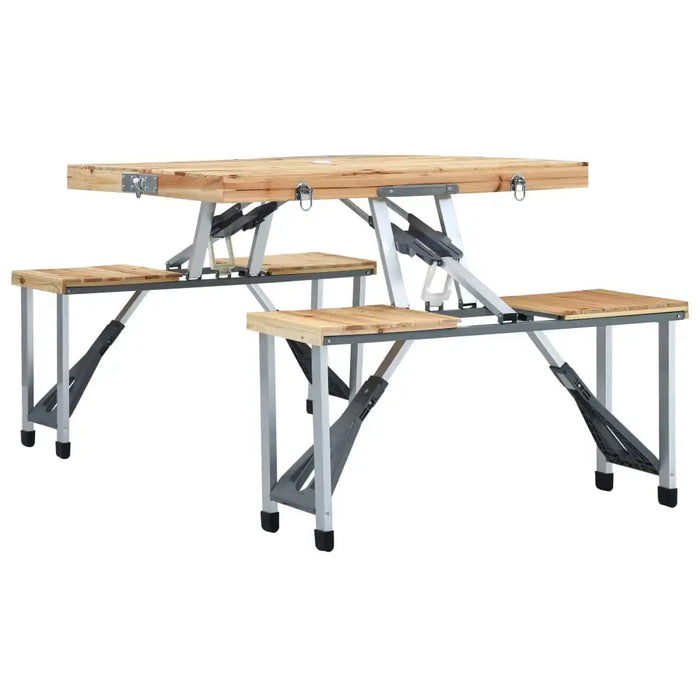 Folding camping table with four built-in seats and silver metal frame