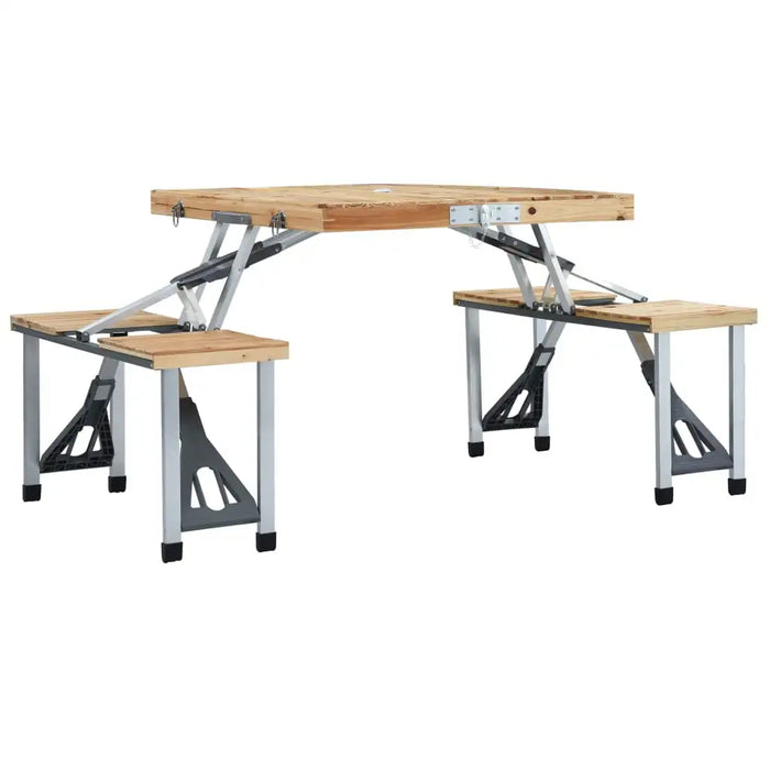 Folding camping table with four built-in seats, silver aluminum frame, wood tabletop and seats