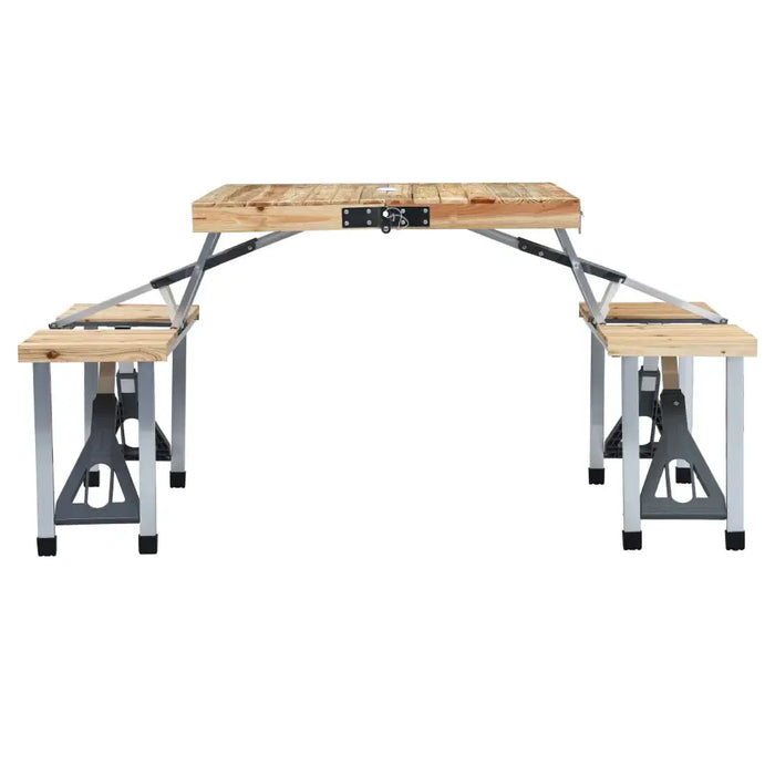 Folding camping table with four built-in seats, compact aluminum and wood picnic set