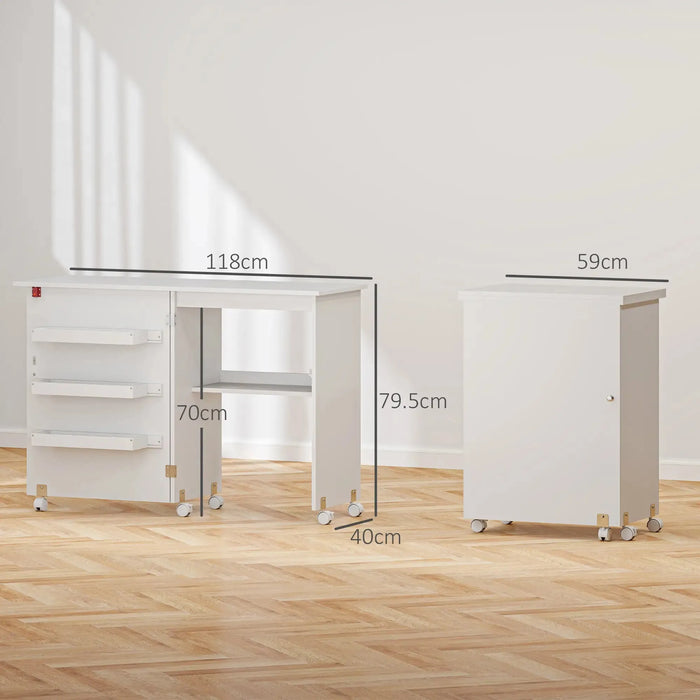 Folding Drop Leaf Craft Table with Storage Bins in White - Little and Giant Explorers HOMCOM