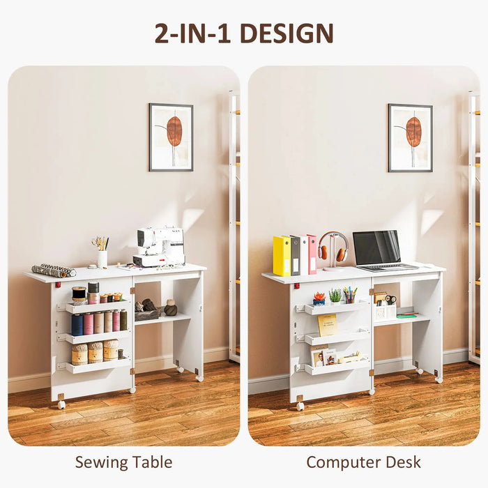 Folding Drop Leaf Craft Table with Storage Bins in White - Little and Giant Explorers HOMCOM